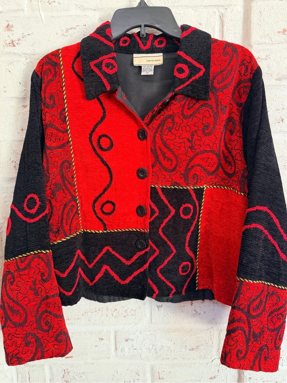 Carrie Allen Vintage Embroidered Tapestry Cropped Jacket Red Black Size M